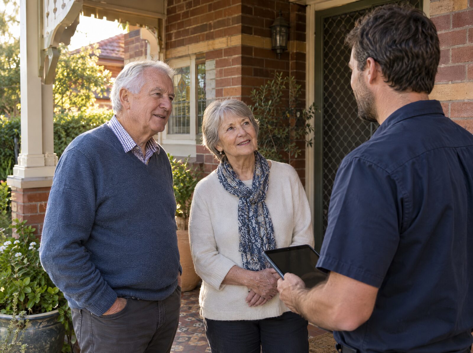 An older couple on their front porch talking with a tradesperson